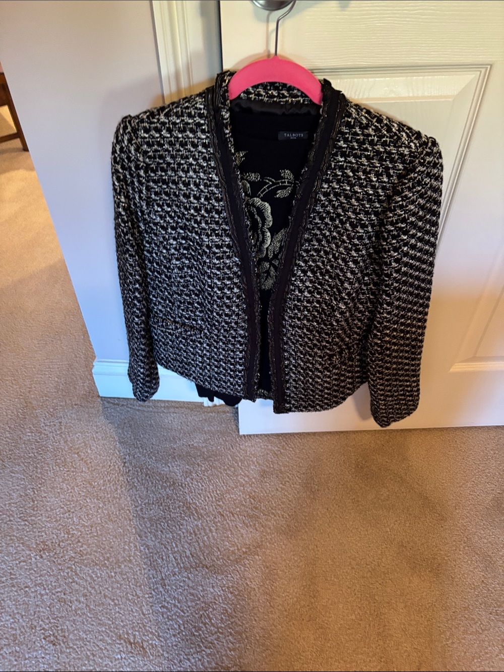 Talbots Black and White Tweed Open-Front Blazer